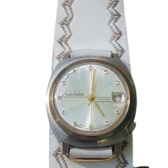 Lucerne Watch White Leather Strap Gold Tone Dial Vintage Date Display Manual - Picture 3 of 15